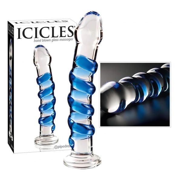 Icicles No. 5 - spiralinė stiklinė dildo (skaidri-mėlyna)