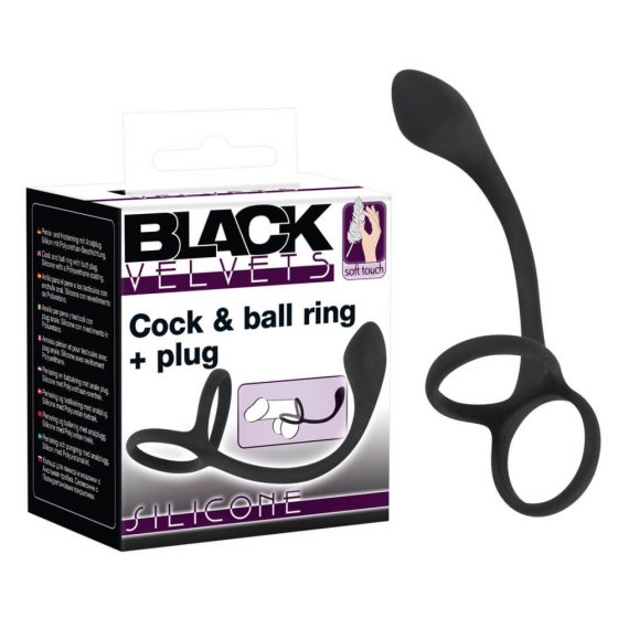 „Juodasis Aksomas - plonas analinis dildo su penio ir sėklidžių žiedu (juodas)”