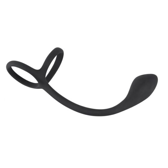„Juodasis Aksomas - plonas analinis dildo su penio ir sėklidžių žiedu (juodas)”