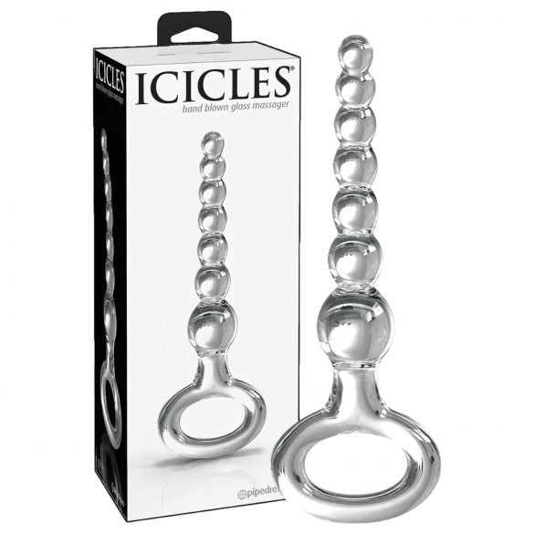 Icicles No. 67 - rutulinis stiklinis dildo su žiedine rankena (skaidrus)