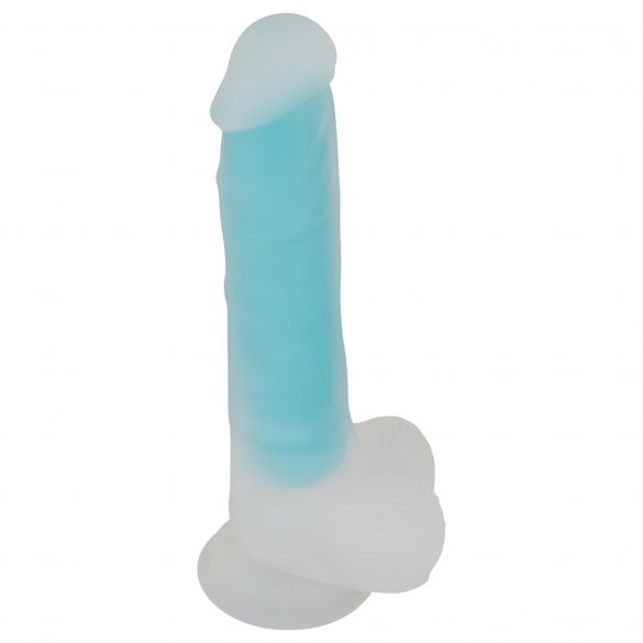 You2Toys Švytintis Tamsoje - su prilimpančiu pagrindu, sėklidėmis švytintis dildo (mėlynas) 