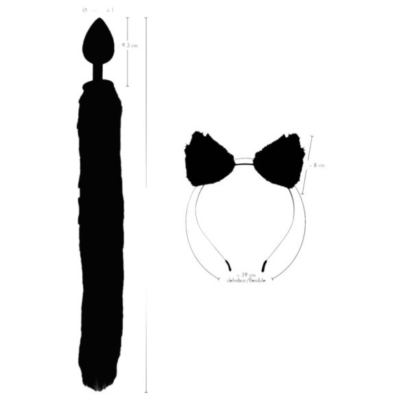 Bad Kitty - kačiuko ausytės su kačiuko uodega analinis dildo rinkinys - juodas (2 dalių)