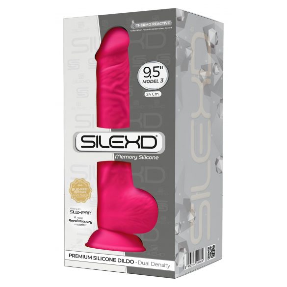 Silexd 9,5 - formuojamas, prilimpantis, su sėklidėmis dildo - 24cm (rožinė) 