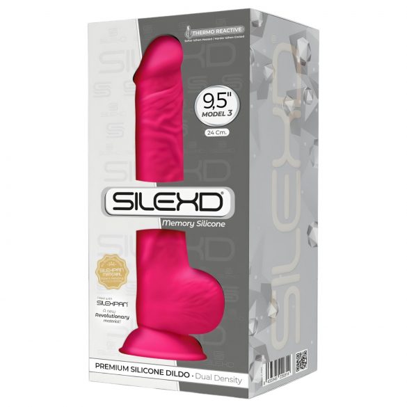 Silexd 9,5 - formuojamas, prilimpantis, su sėklidėmis dildo - 24cm (rožinė) 