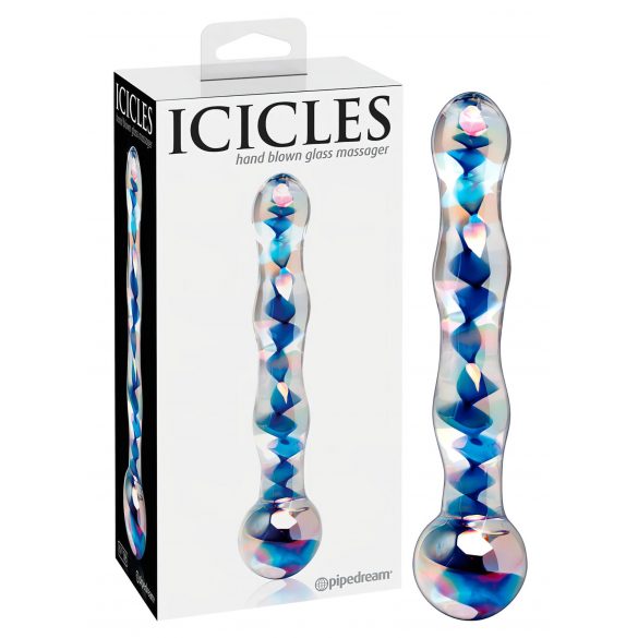 Icicles No. 08 - banguotas, dvikryptis, stiklinis dildo (permatomas-mėlynas)