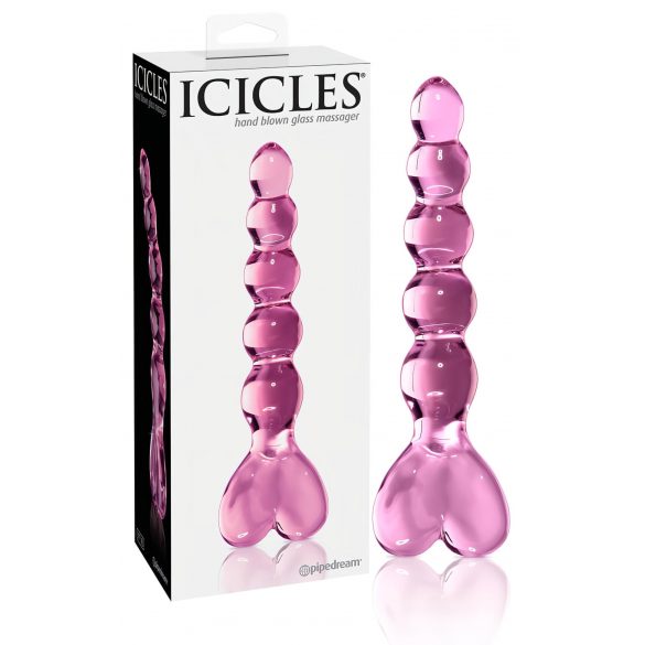 Icicles No. 43 - karoliukais dekoruotas, širdelės formos stiklinis dildo (rožinis)