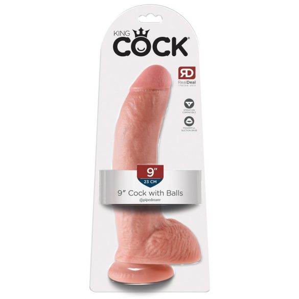 King Cock 9 - didelis, prisisiurbiantis, su sėklidėmis dildo (23cm) - natūralus 