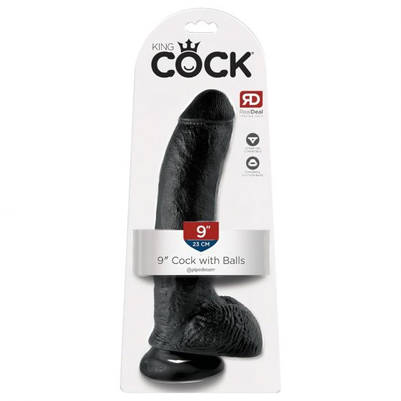 Karaliaus 9 - Didelis dildo su prilimpančia baze ir sėklidėmis (23cm) - juodas