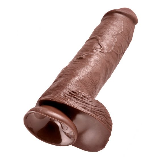 King Cock 11 - didelis su prilimpančiu pagrindu, su sėklidėmis dildo (28cm) - rudas