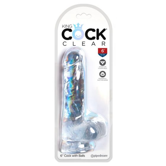 King Cock Clear 6 - su siurbiamu dugnu, su sėklidėmis mažas dildo (15cm)