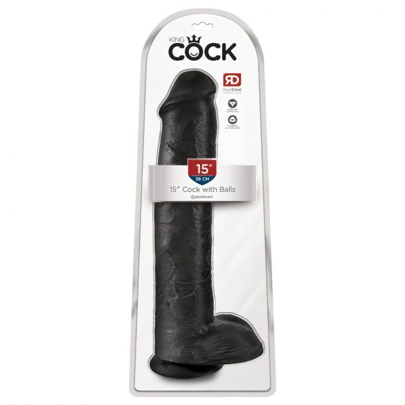 King Cock 15 - prilimpančia pado dalis, su sėklidėmis (38 cm) - juoda