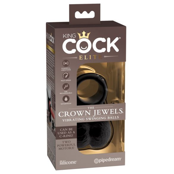 King Cock Elite Crown Jewels - siūbuojantys sėklidės, vibruojantis penio žiedas (juodas) 