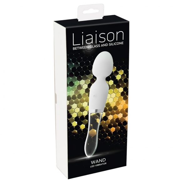 Liaison Wand – įkraunamas silikoninis-stiklinis LED vibratorius (permatomas baltas)