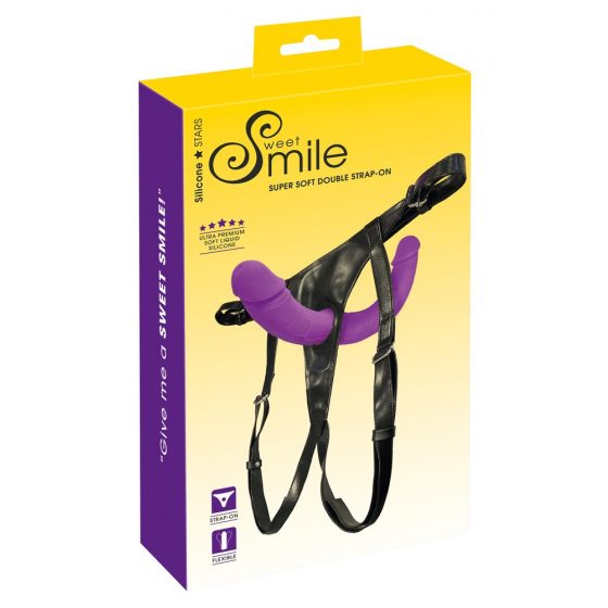 SMILE - prisegamas dvigubas dildo su apatine dalimi (violetinė-juoda)