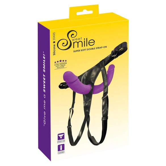 SMILE - prisegamas dvigubas dildo su diržu (violetinė-juoda)