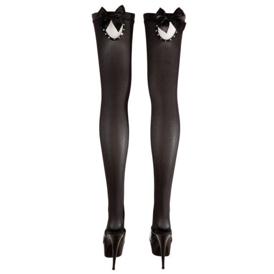 Cottelli - Blizgantis prisegamas kojinės su kaspinu (juoda) - XL