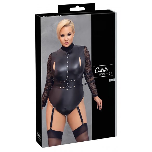 Cottelli Bondage Plus Size - juodasis nėriniuotas bodis su rankovėmis  - 2XL