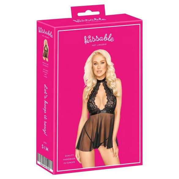 Kissable - nėrinių kaklo juostelės babydoll su stringais (juoda)  - L/XL