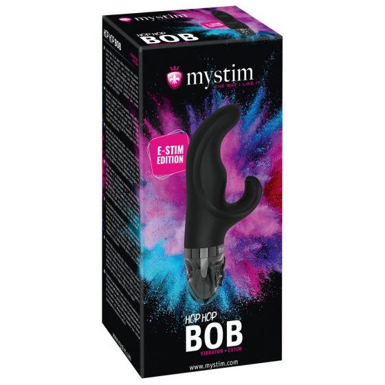 mystim Hop Hop Bob E-Stim - įkraunamas elektro vibratorius su klitorio rankenėle (juodas)