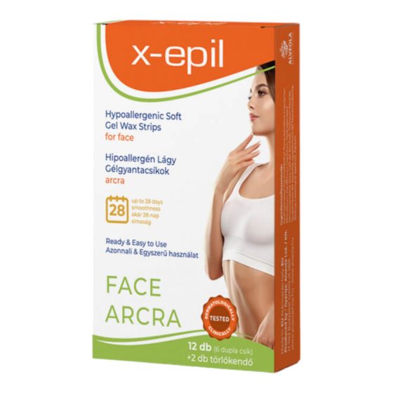 X-Epil - naudoti paruoštos hipoalerginės gelio vaško juostelės veidui (12 vnt)