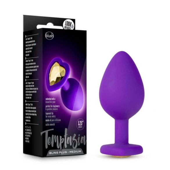 Temptasia M - aukso akmenėliu, širdies formos analinis dildo (violetinis) - vidutinis 