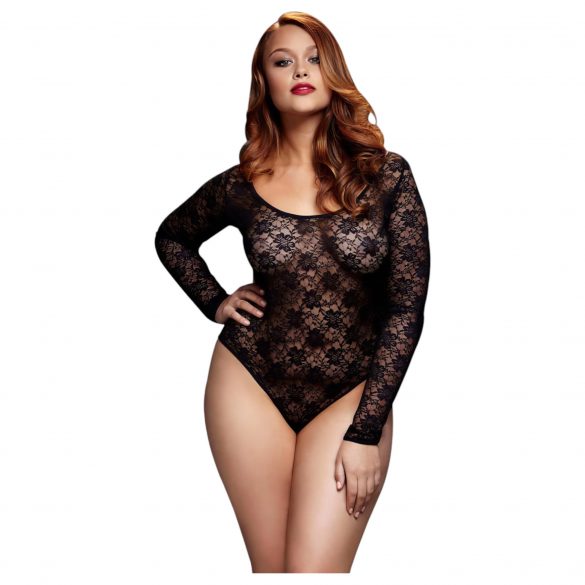 BACI Plus Size - ilgam rankovėm, nėriniuotas bodis - juodas (XL-XXL) 