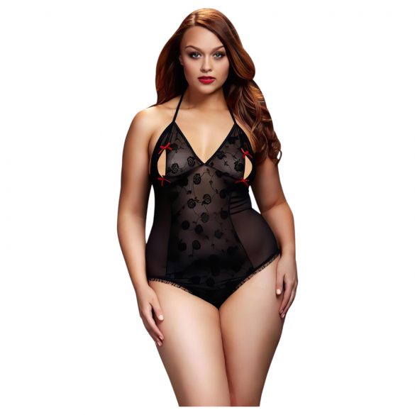 / BACI Plus Size - kaklo dirželio, permatomas kūno kostiumas - juodas (XL-XXL)