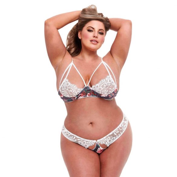 Baci Plus Size - gėlių rašto, nėriniuotas liemenėlės ir nugaroje atviras kelnaitės 