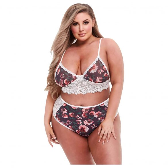 Baci Plus Size - gėlių raštuotas, nėriniuotas liemenėlės komplektas su aukštu juosmeniu 